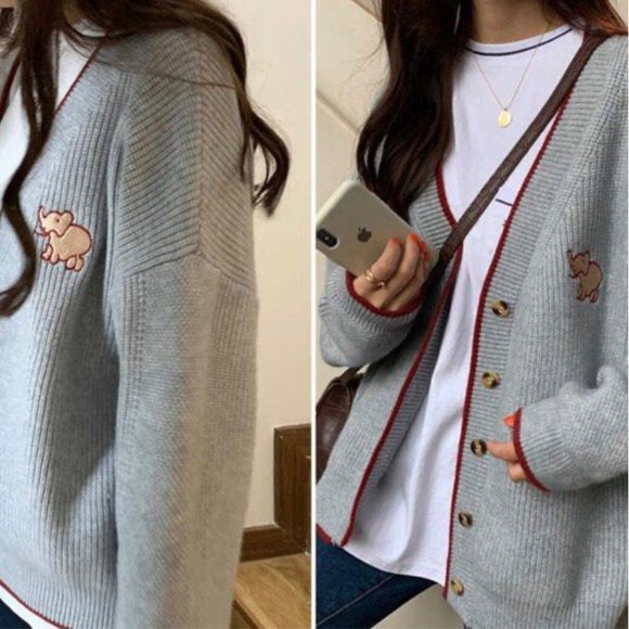 Grey and red knit cardigan with elephant mark - Picture 3 of 7